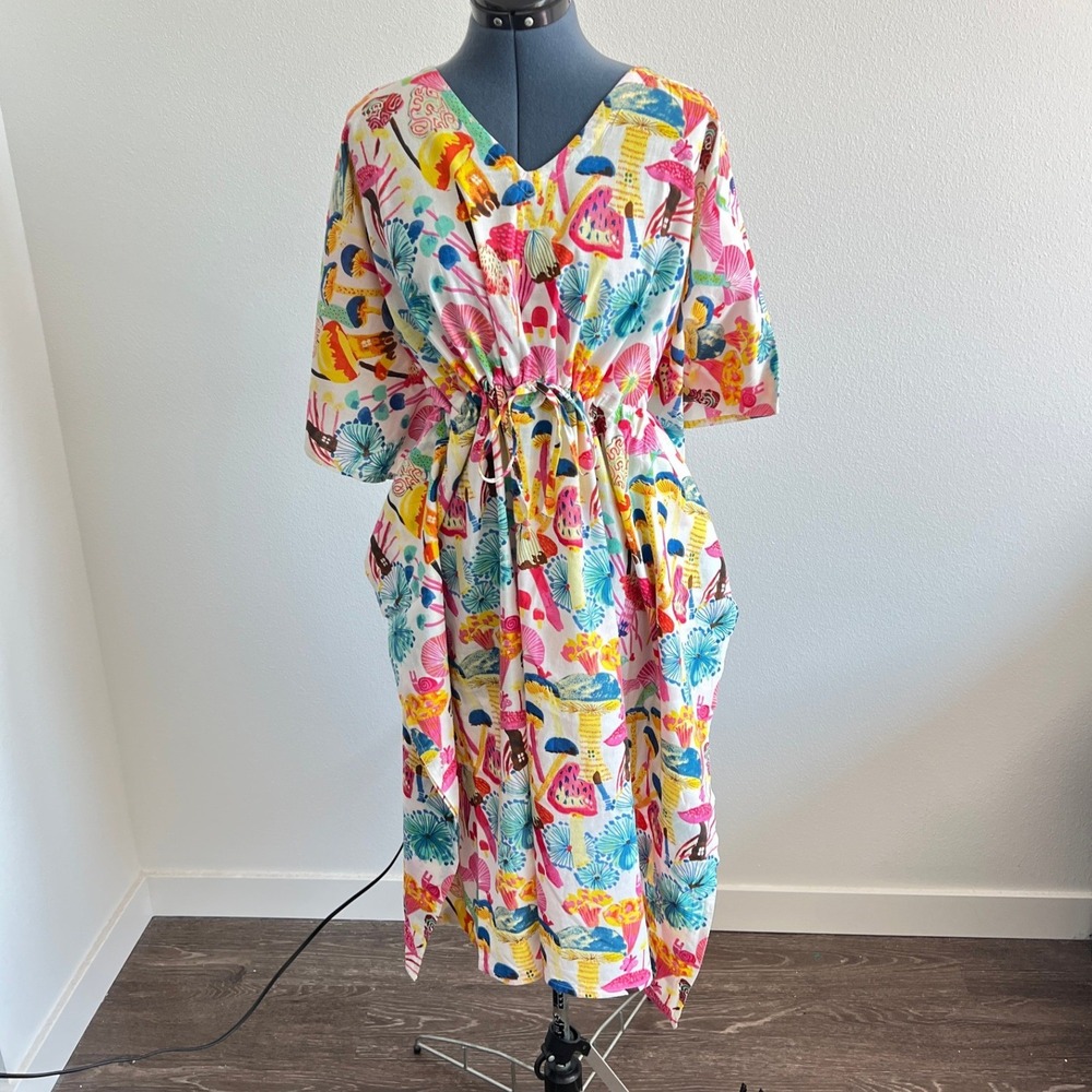 Mushroom Print Kaftan Midi Dress OS Psychedelic Cottagecore Retro 70s Festival